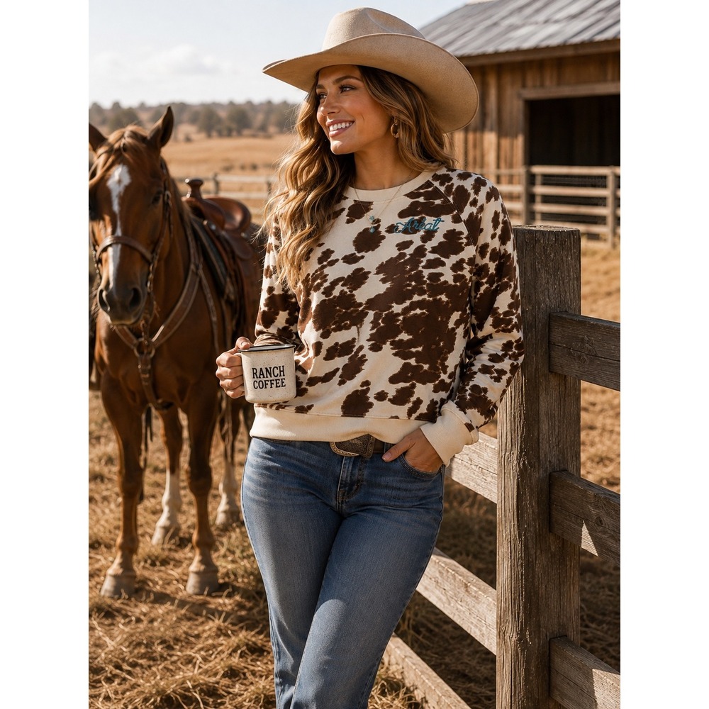Ariat REAL Women's M Cow Print Sweatshirt Brown Cream Western Ranch Cowgirl